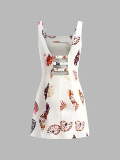 Sale Print Cutout Square Neck Short Dress White Dresses|Casual Dresses