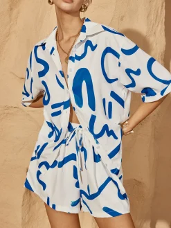 Best Print Drawstring Shift Shorts Set Shorts Sets|Shorts