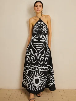 Online Print Halter Backless Long Dress Black Dresses|Vacation Dresses