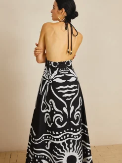 Online Print Halter Backless Long Dress Black Dresses|Vacation Dresses