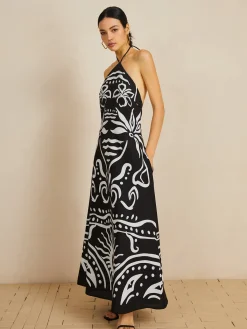 Online Print Halter Backless Long Dress Black Dresses|Vacation Dresses