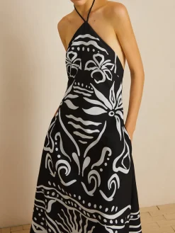 Online Print Halter Backless Long Dress Black Dresses|Vacation Dresses