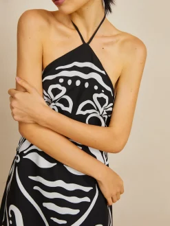 Online Print Halter Backless Long Dress Black Dresses|Vacation Dresses