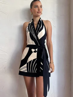 Online Print Halter Belted Short Dress White Dresses|Casual Dresses