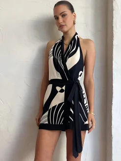 Online Print Halter Belted Short Dress White Dresses|Casual Dresses