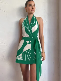 Online Print Halter Belted Short Dress White Dresses|Casual Dresses