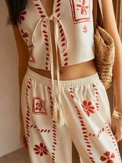 Outlet Print Knotted Tassel Pants Set Pants Sets|Matching Sets