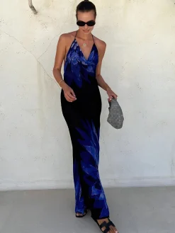 Best Print Low Cut Halter Backless Long Dress Casual Dresses|Cocktail & Party Dresses