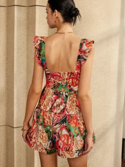 New Print Low Cut Ruffle Short Dress Casual Dresses|Cocktail & Party Dresses