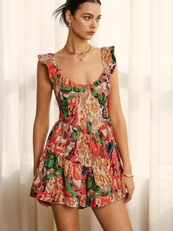 Online Print Low Cut Ruffle Short Dress Casual Dresses|Cocktail & Party Dresses