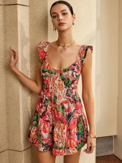 Online Print Low Cut Ruffle Short Dress Casual Dresses|Cocktail & Party Dresses