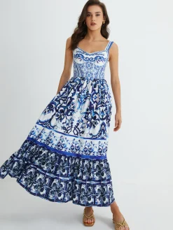 Sale Print Strap Pleated Long Dress Casual Dresses|Vacation Dresses