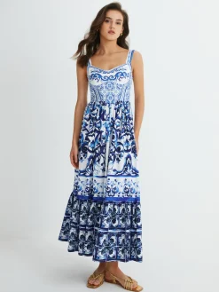 Sale Print Strap Pleated Long Dress Casual Dresses|Vacation Dresses