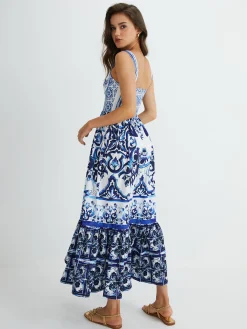 Sale Print Strap Pleated Long Dress Casual Dresses|Vacation Dresses