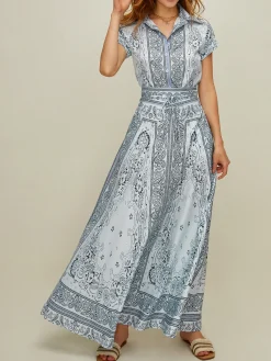 Hot Print Turndown Collar Pockets Skirt Set Skirt Sets|Long Sleeve Sets