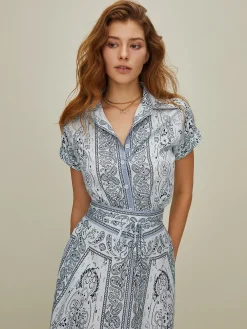 Hot Print Turndown Collar Pockets Skirt Set Skirt Sets|Long Sleeve Sets
