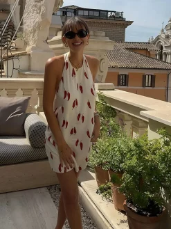 Sale Printed Backless Short Dress White Dresses|Casual Dresses