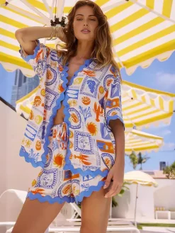 Discount Printed Button Down Shirt With Shorts Set Shorts Sets|Shorts