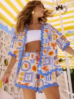 Discount Printed Button Down Shirt With Shorts Set Shorts Sets|Shorts