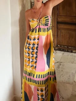 Clearance Printed Cutout Lace Up Pleated Dress Casual Dresses|Cocktail & Party Dresses