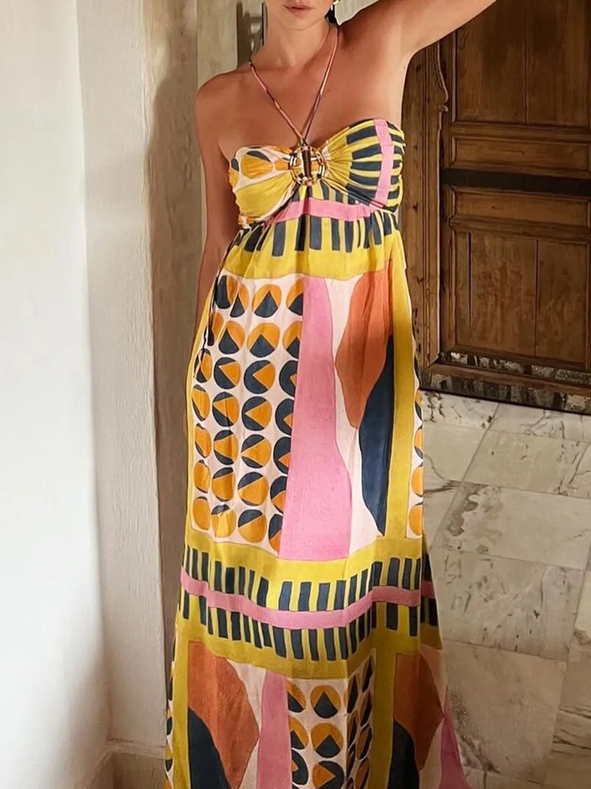Clearance Printed Cutout Lace Up Pleated Dress Casual Dresses|Cocktail & Party Dresses