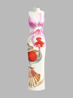 Online Printed Mock Neck Split Dress White Dresses|Casual Dresses