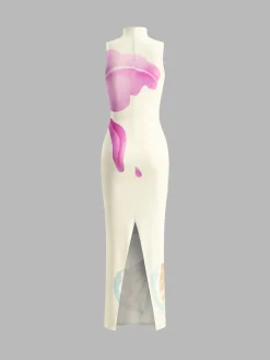 Online Printed Mock Neck Split Dress White Dresses|Casual Dresses