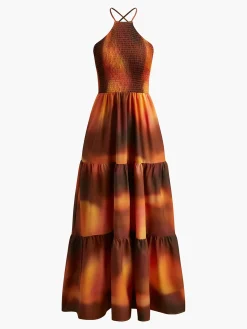 Outlet Printed Shirred Long Dress Vacation Dresses|Summer Dresses