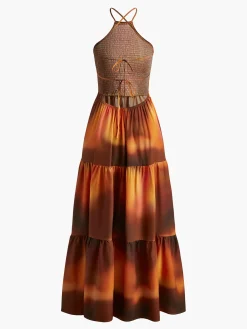 Outlet Printed Shirred Long Dress Vacation Dresses|Summer Dresses