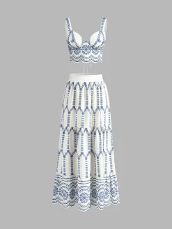 Online Printed Sleeveless Tie Back Skirt Set Skirt Sets|Long Sleeve Sets