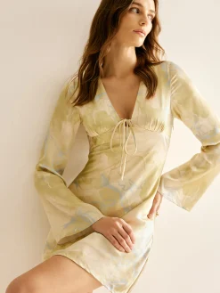 Clearance Printed Tie Front Long Sleeve Dress Casual Dresses|Vacation Dresses