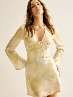 Clearance Printed Tie Front Long Sleeve Dress Casual Dresses|Vacation Dresses