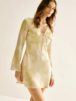 Clearance Printed Tie Front Long Sleeve Dress Casual Dresses|Vacation Dresses