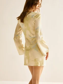Clearance Printed Tie Front Long Sleeve Dress Casual Dresses|Vacation Dresses