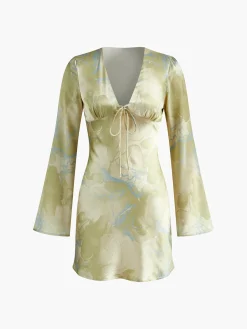 Clearance Printed Tie Front Long Sleeve Dress Casual Dresses|Vacation Dresses