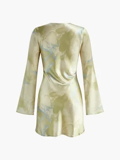 Clearance Printed Tie Front Long Sleeve Dress Casual Dresses|Vacation Dresses