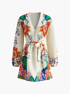 Sale Printed V-Neck Lantern Sleeves Short Dress Dresses