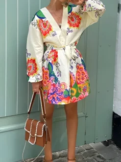 Sale Printed V-Neck Lantern Sleeves Short Dress Dresses