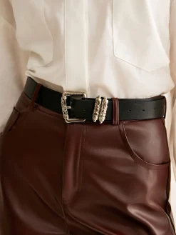 Clearance PU Leather Belted Straight Pants Pants|Bottoms