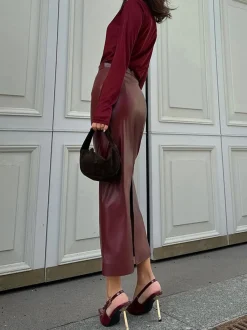 Online PU Leather Slit Skirt Skirts|Bottoms