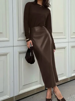 New PU Leather Slit Skirt Skirts|Bottoms