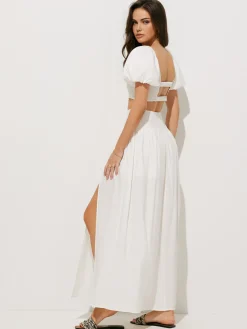 New Puff Sleeve Crop Top With Split Thigh Skirt Set Skirt Sets|Long Sleeve Sets
