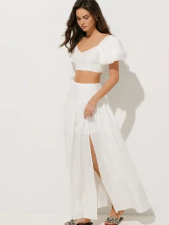 New Puff Sleeve Crop Top With Split Thigh Skirt Set Skirt Sets|Long Sleeve Sets