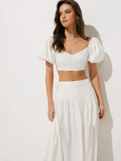 New Puff Sleeve Crop Top With Split Thigh Skirt Set Skirt Sets|Long Sleeve Sets
