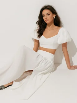 New Puff Sleeve Crop Top With Split Thigh Skirt Set Skirt Sets|Long Sleeve Sets
