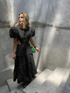 Online Puff Sleeve Cutout Long Dress Black Dresses|Casual Dresses