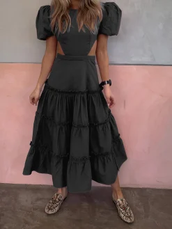 Online Puff Sleeve Cutout Long Dress Black Dresses|Casual Dresses