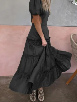 Online Puff Sleeve Cutout Long Dress Black Dresses|Casual Dresses