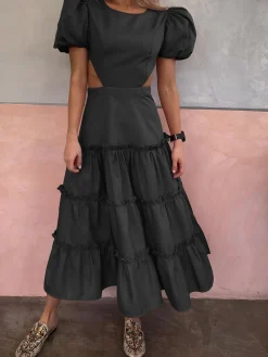 Online Puff Sleeve Cutout Long Dress Black Dresses|Casual Dresses