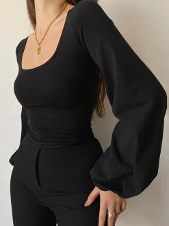 Puff Sleeve Square Neck Blouse Sweater Tops|Blouses & Shirts